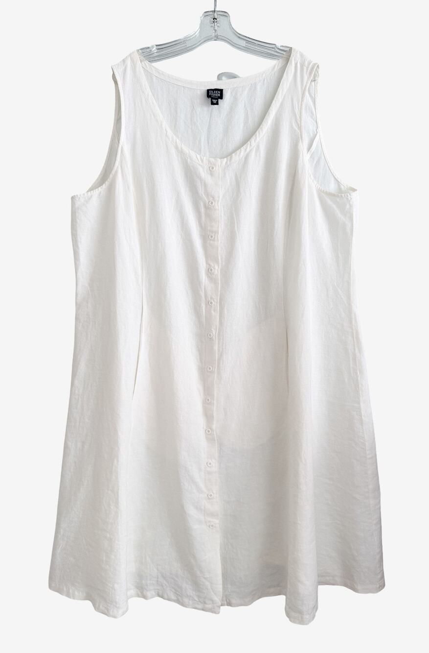 Eileen Fisher 100% Linen Vintage Dress 3X White Sleeveless Button Front A-Line